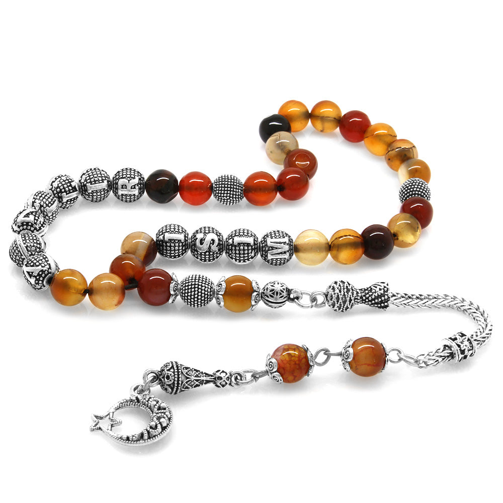Red-Black Agate Natural Stone Prayer Beads with Tarnish-Free Metal Tassels and Name Writing