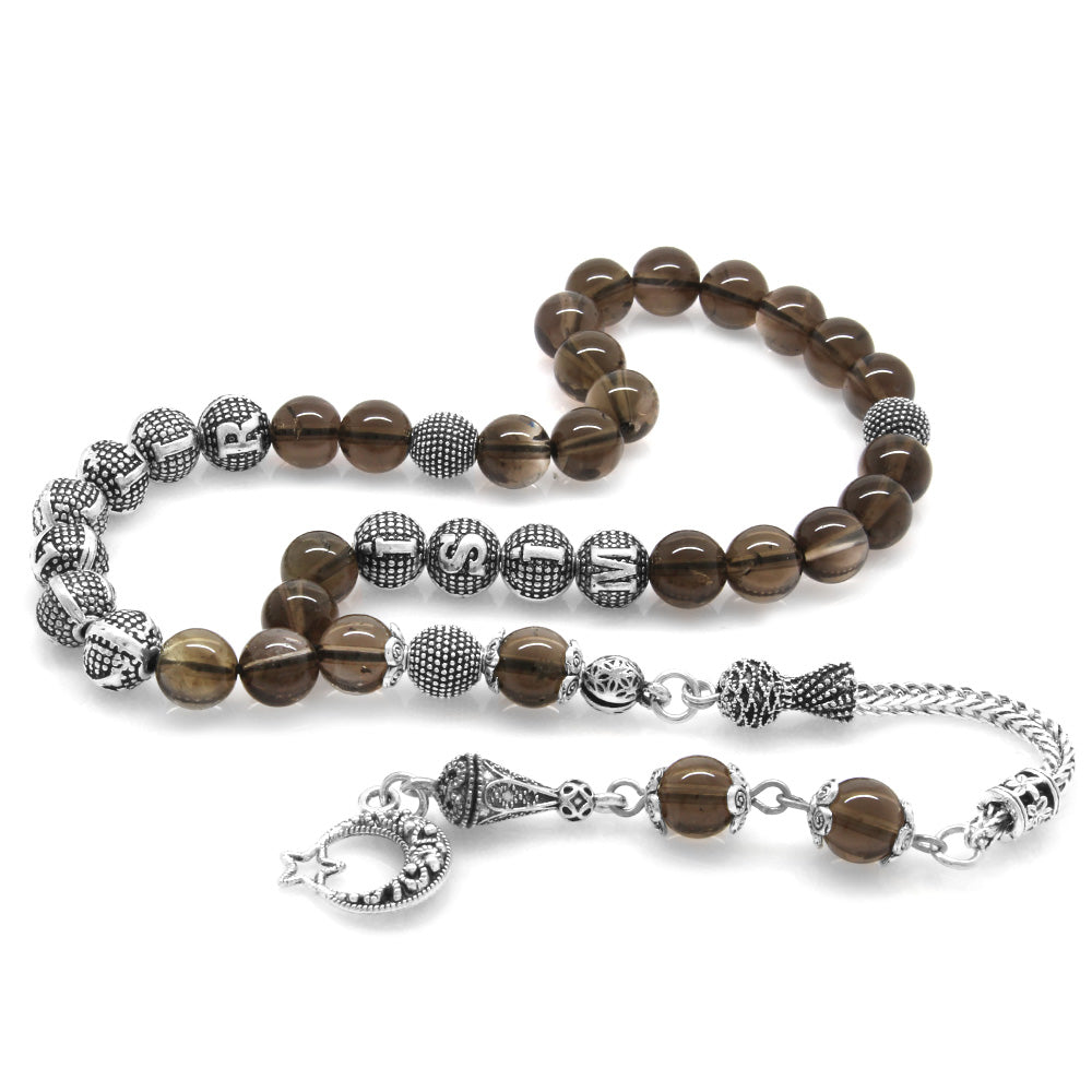 Quartz Natural Stone Prayer Beads with Tarnish-Free Metal Tassels and Name Written