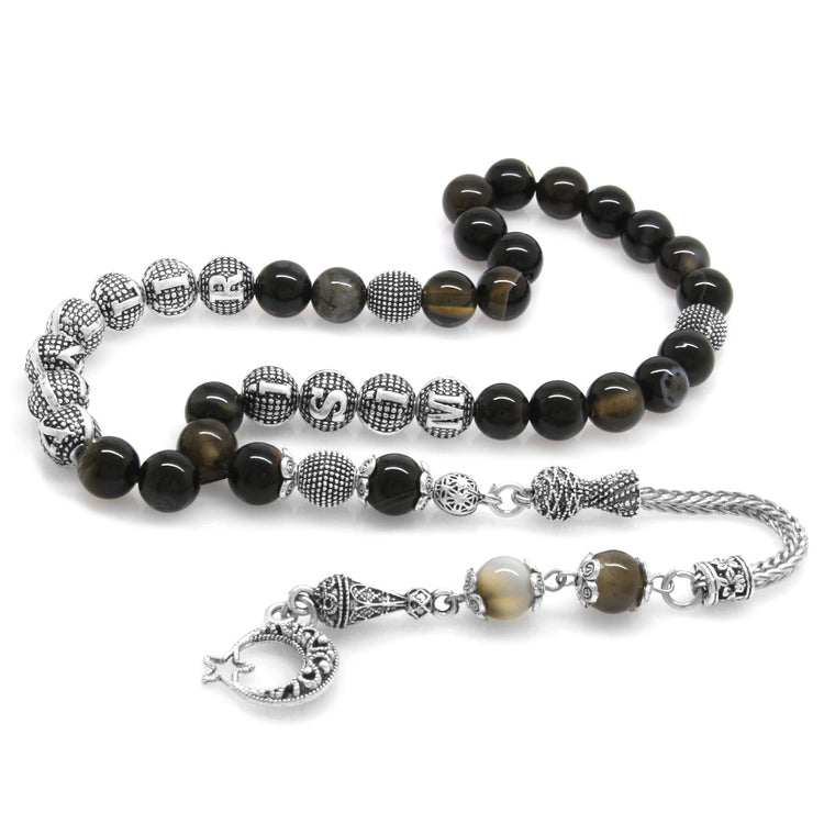 Suleyman Agate Natural Stone Prayer Beads with Tarnish-free Metal Tassels and t Name Written