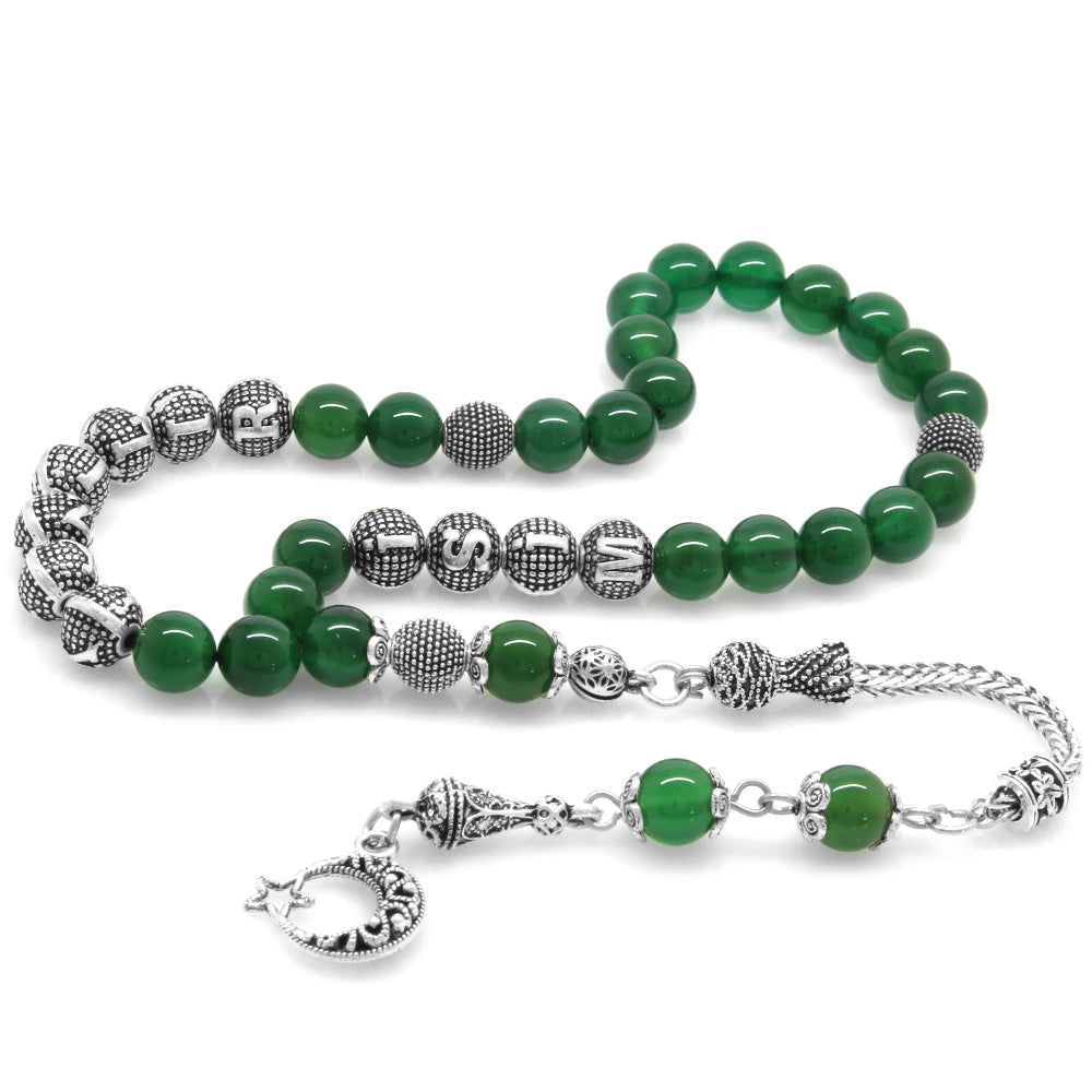Green Agate Natural Stone Prayer Beads with Name Written
