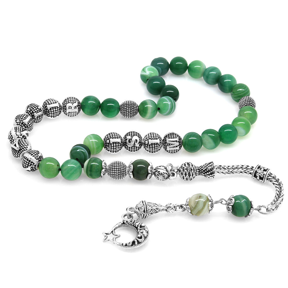 Green-White Agate Natural Stone Prayer Beads with Tarnish-Free Metal Tassels and Name Writing