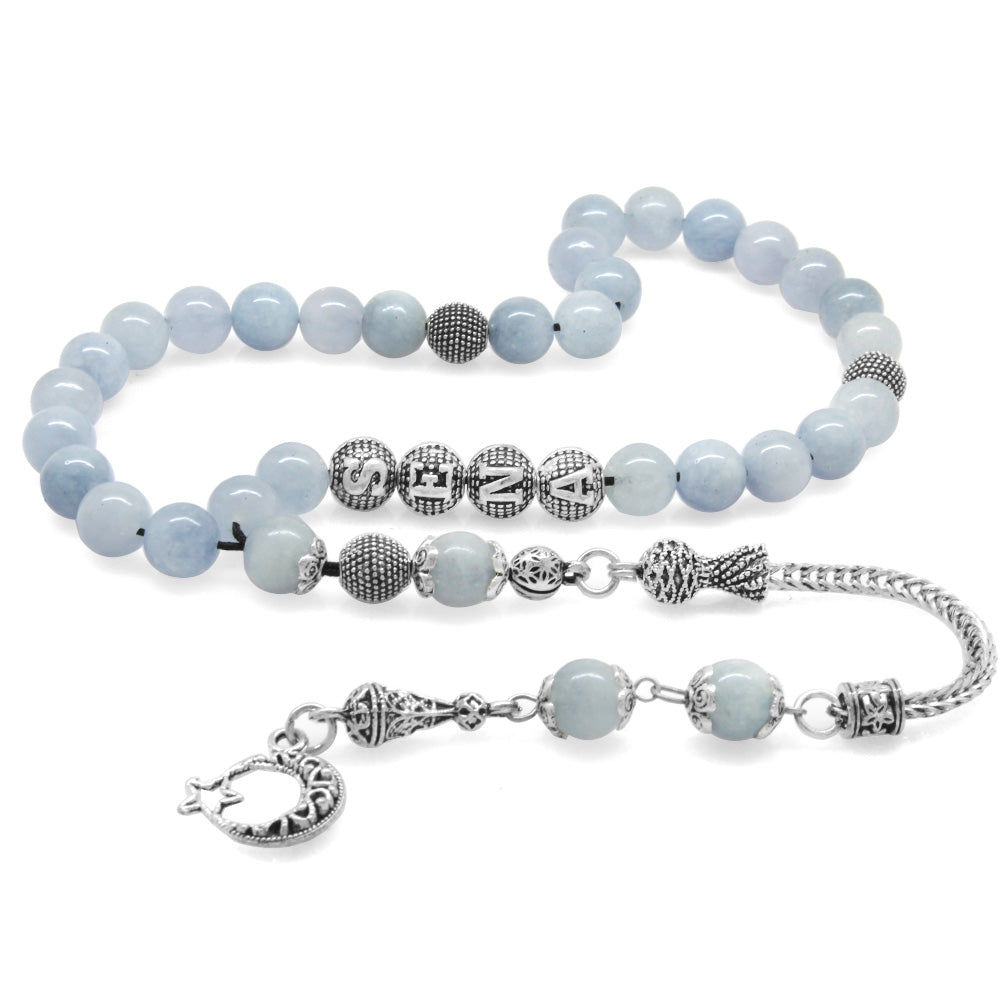Aquamarine Natural Stone Prayer Beads with Tarnish-Free Metal Tassels and Personalized Name Writing