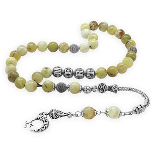 Sphere Cut Opal Natural Stone Prayer Beads with Tarnish-free Metal Tassels and Personalized Name Writing