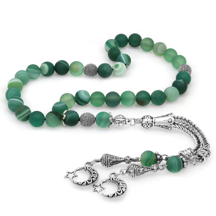 Agate Natural Stone Prayer Beads with Tarnish-Free Metal Tassels