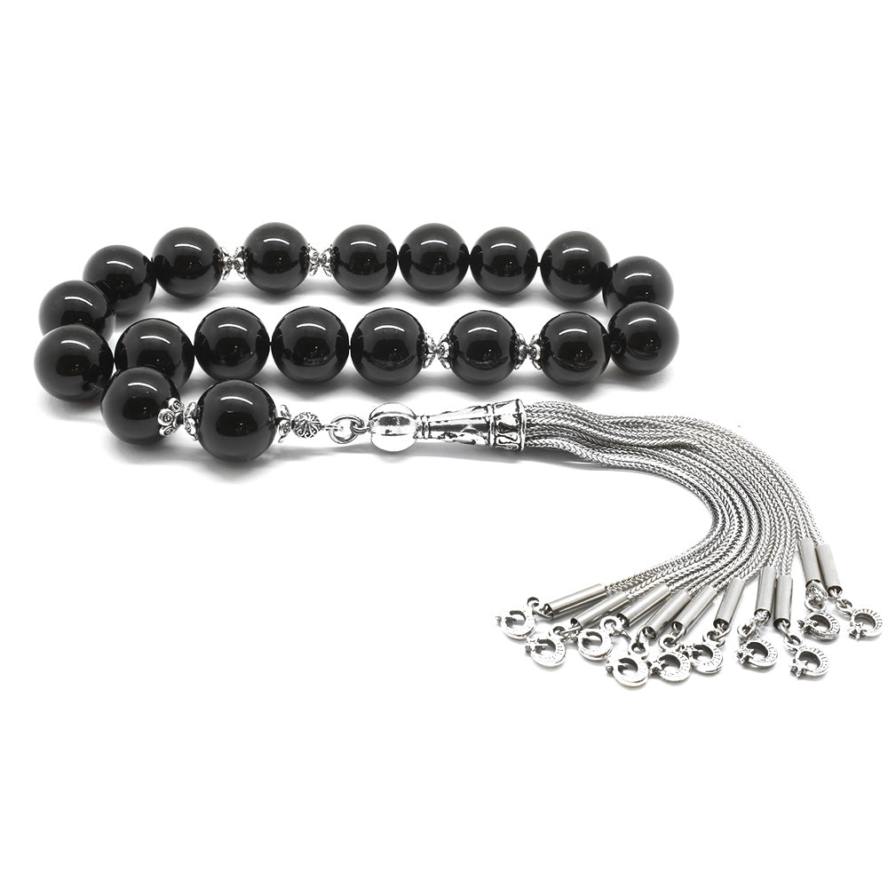 Onyx Efe Stone Prayer Beads with Tarnishproof Metal Tassels