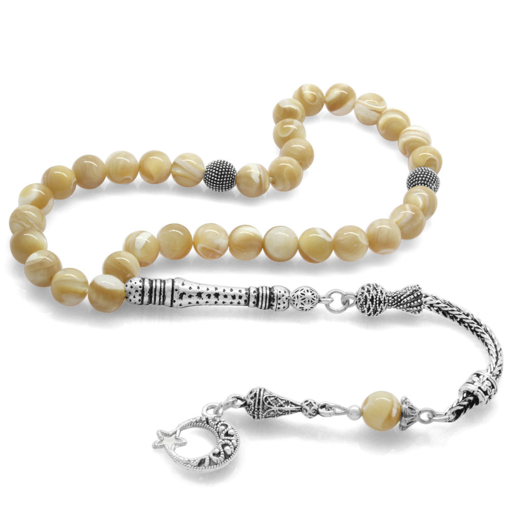  Mother of Pearl Natural Stone Prayer Beads with Tarnish Resistant Metal Tassels