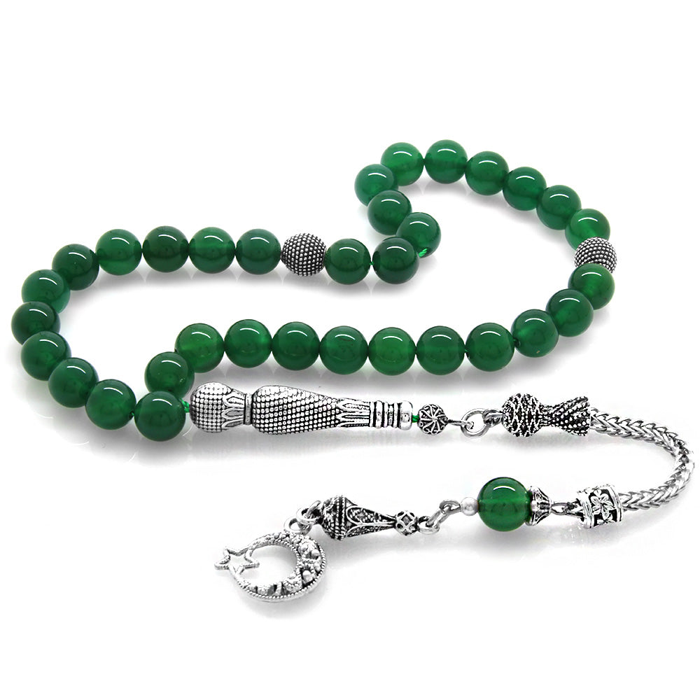 Sphere Cut Green Agate Natural Stone Prayer Beads with Tarnish Resistant Metal Tassels