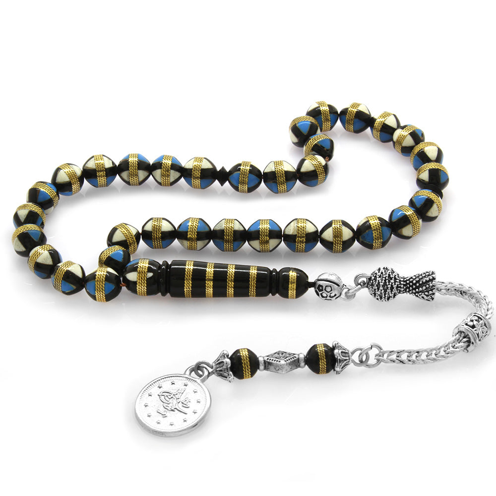Blue-White Enamel Brass Rosary with Tarnish Resistant Tassels