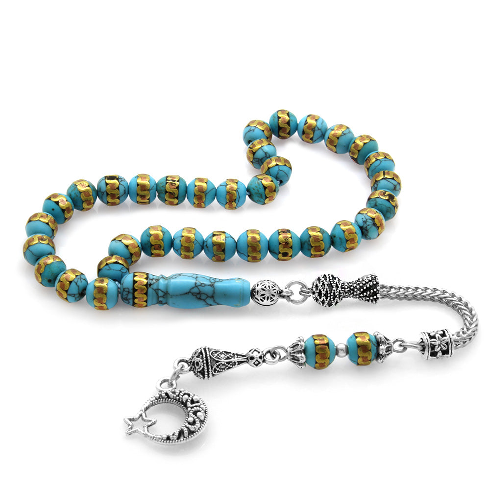 Embroidered Turquoise Prayer Beads with Metal Tassels