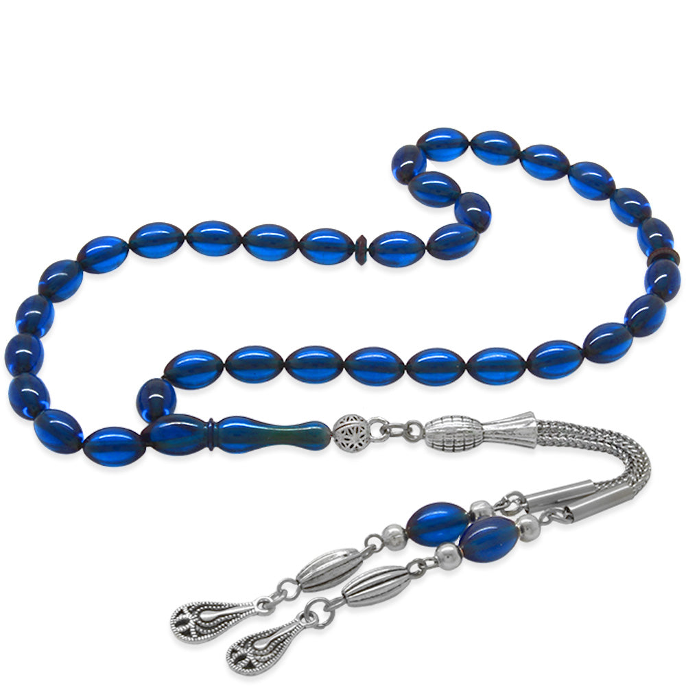 Metal Tassel Wrist Length Dark Blue Amber Rosary