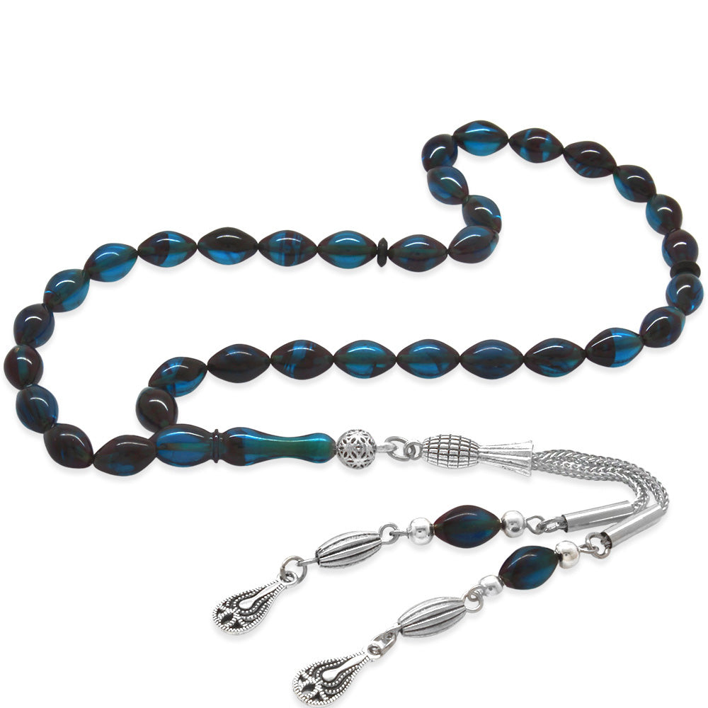 Metal Tassel Wrist Length Blue-Black Amber Rosary