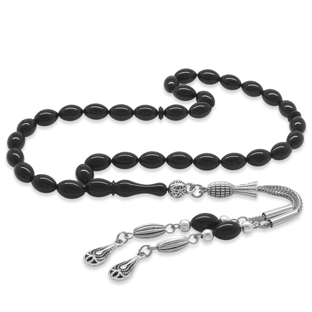 Metal Tassel Wrist Length Black Amber Rosary