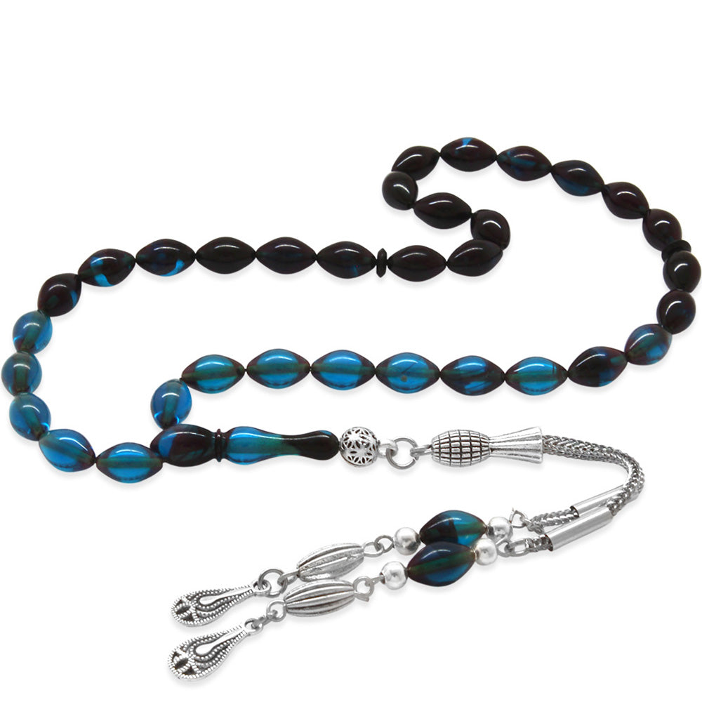 Metal Tassel Wrist Length Blue-Black Amber Rosary