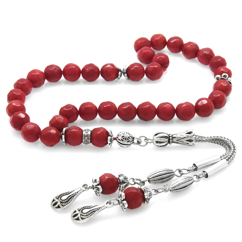 Red Coral Natural Stone Prayer Beads with Tarnish-Free Metal Water Drop Tassels