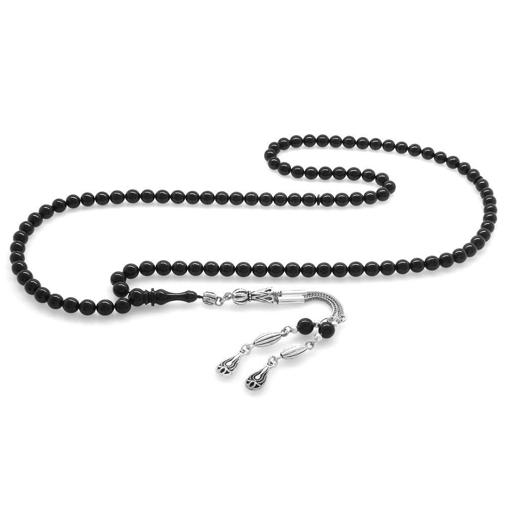 Tarnish-free Metal Water Drop Tasseled Sphere Cut Black Pressed Amber Prayer Beads of 99 Count