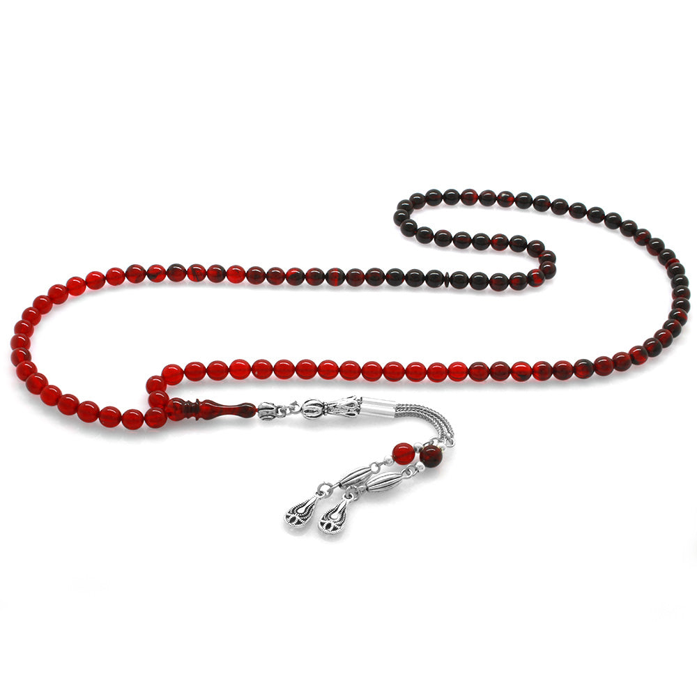 Metal Tassel Red-Black Amber Prayer Beads of 99 Count