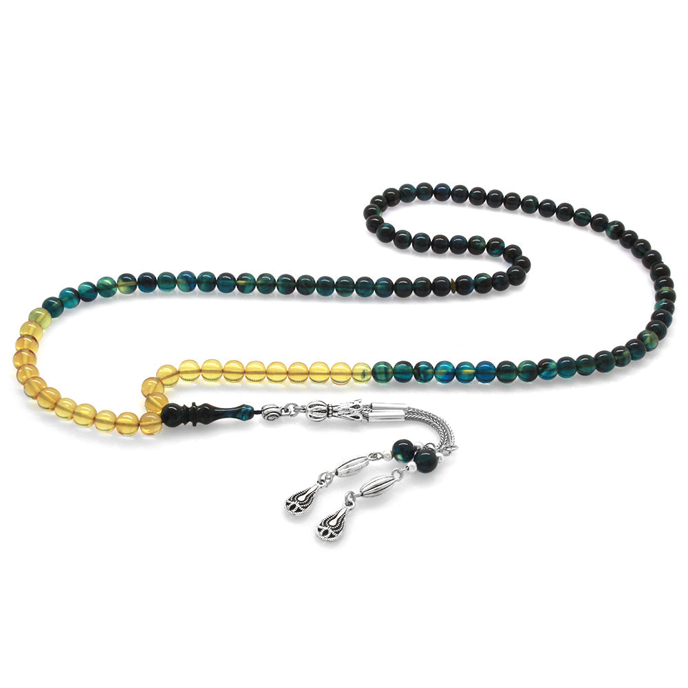 Metal Tassel Blue-White Amber Prayer Beads of 99 Count