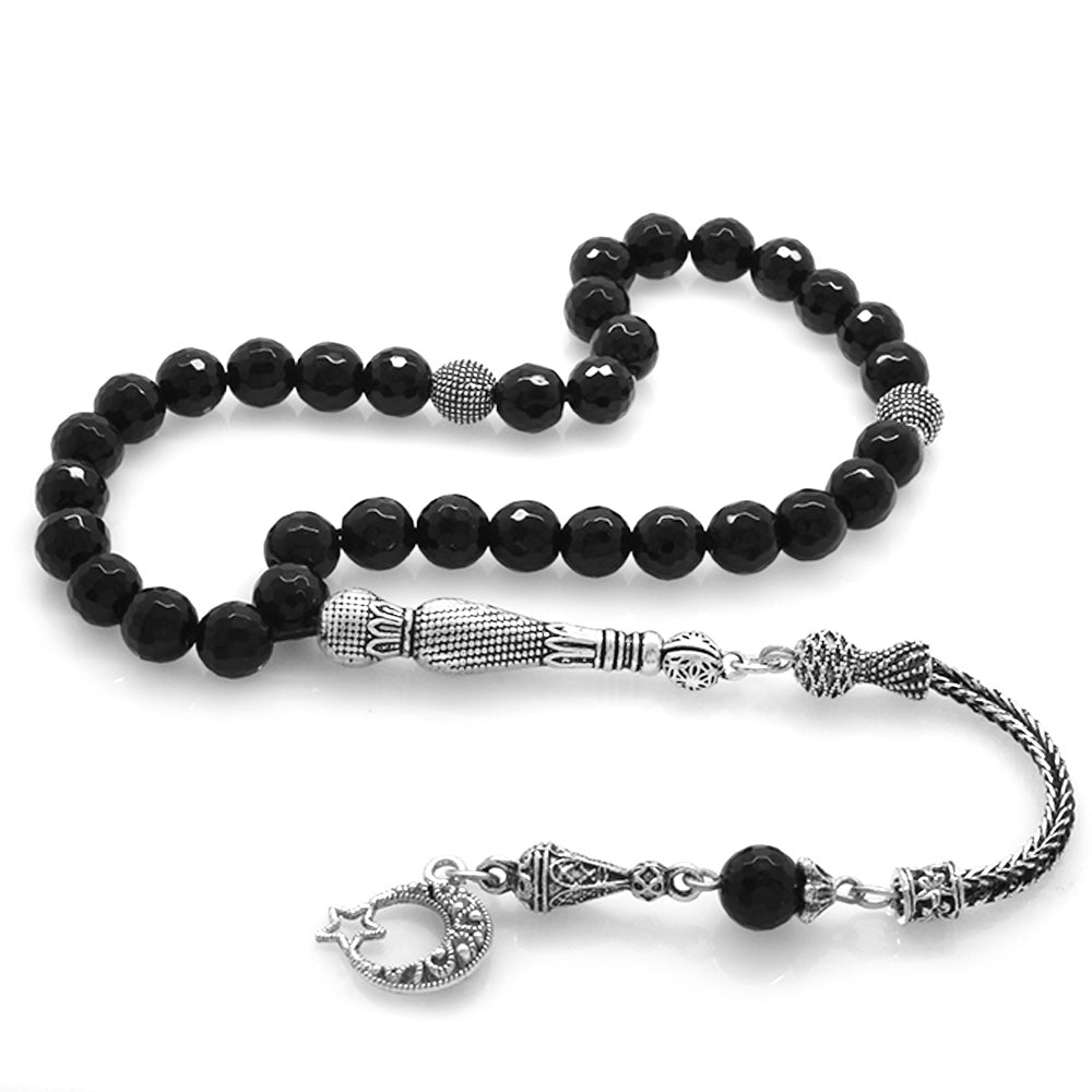 Tarnish-proof Metal Crescent-Star Tasseled Faceted Sphere Cut Onyx Natural Stone Prayer Beads