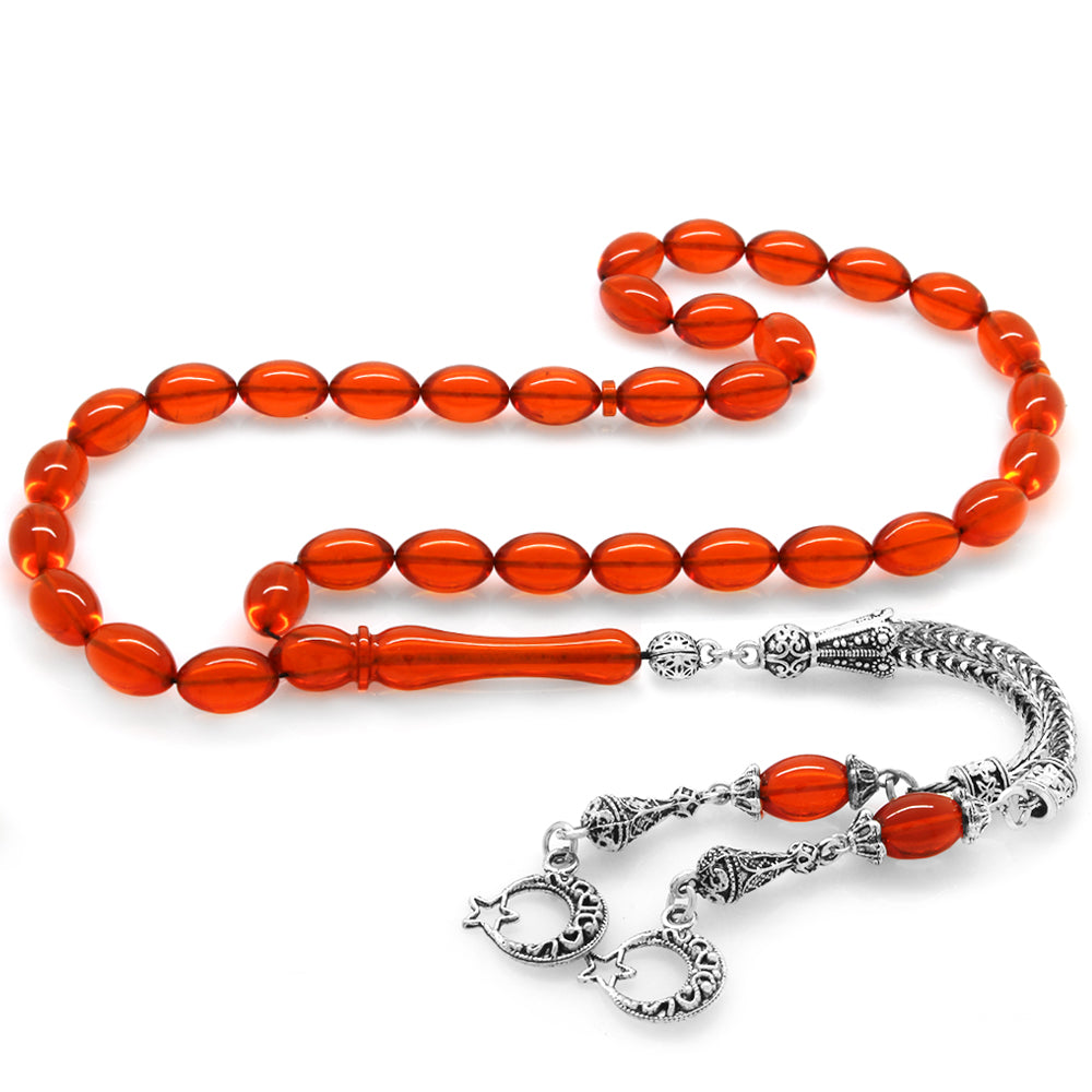 Metal Barley Red Fire Amber Rosary with Star and Crescent Tassels