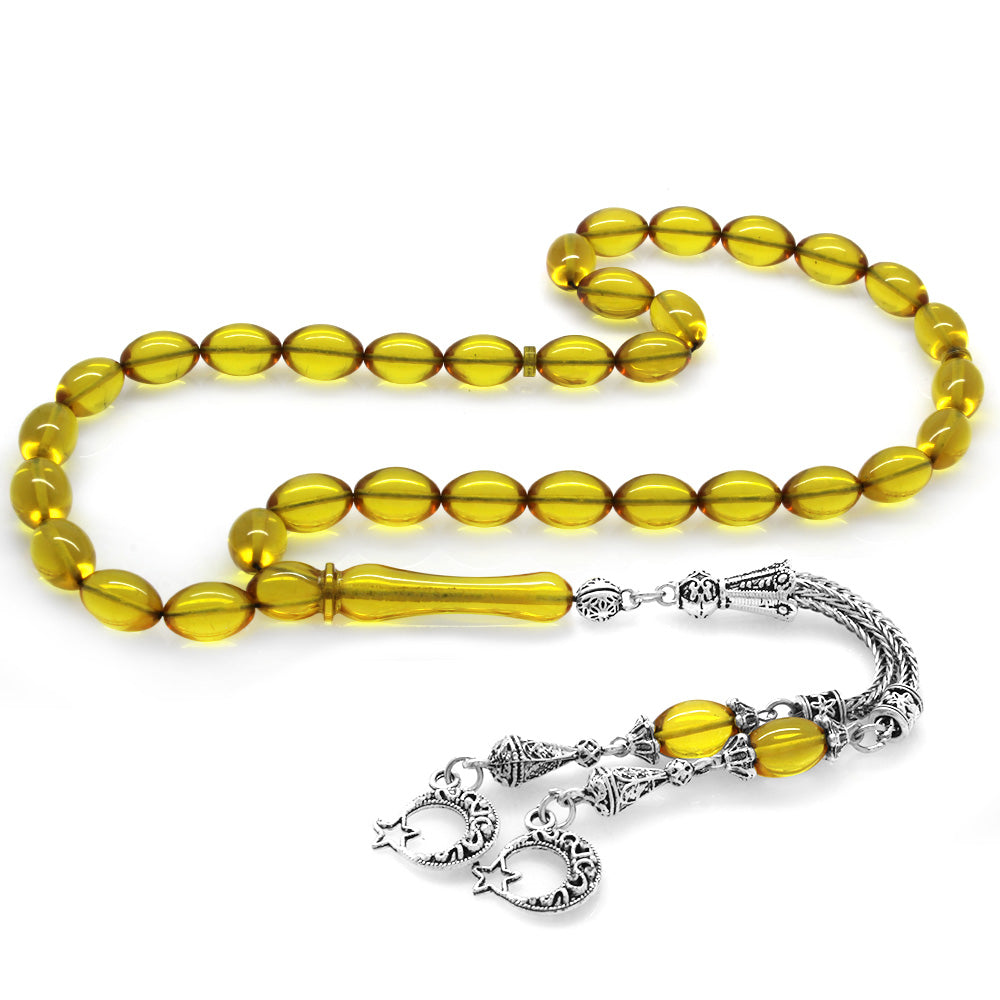 Metal Barley Yellow Fire Amber Rosary with Star and Crescent Tassels
