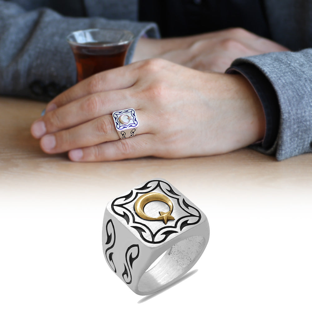 Star and Crescent 925 Sterling Silver Men's Ring