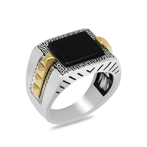 Square Design Black Onyx Stone Greek Pattern 925 Sterling Silver Men's Ring