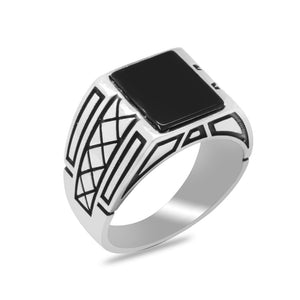 Square Design Black Onyx Stone X Detailed 925 Sterling Silver Men's Ring