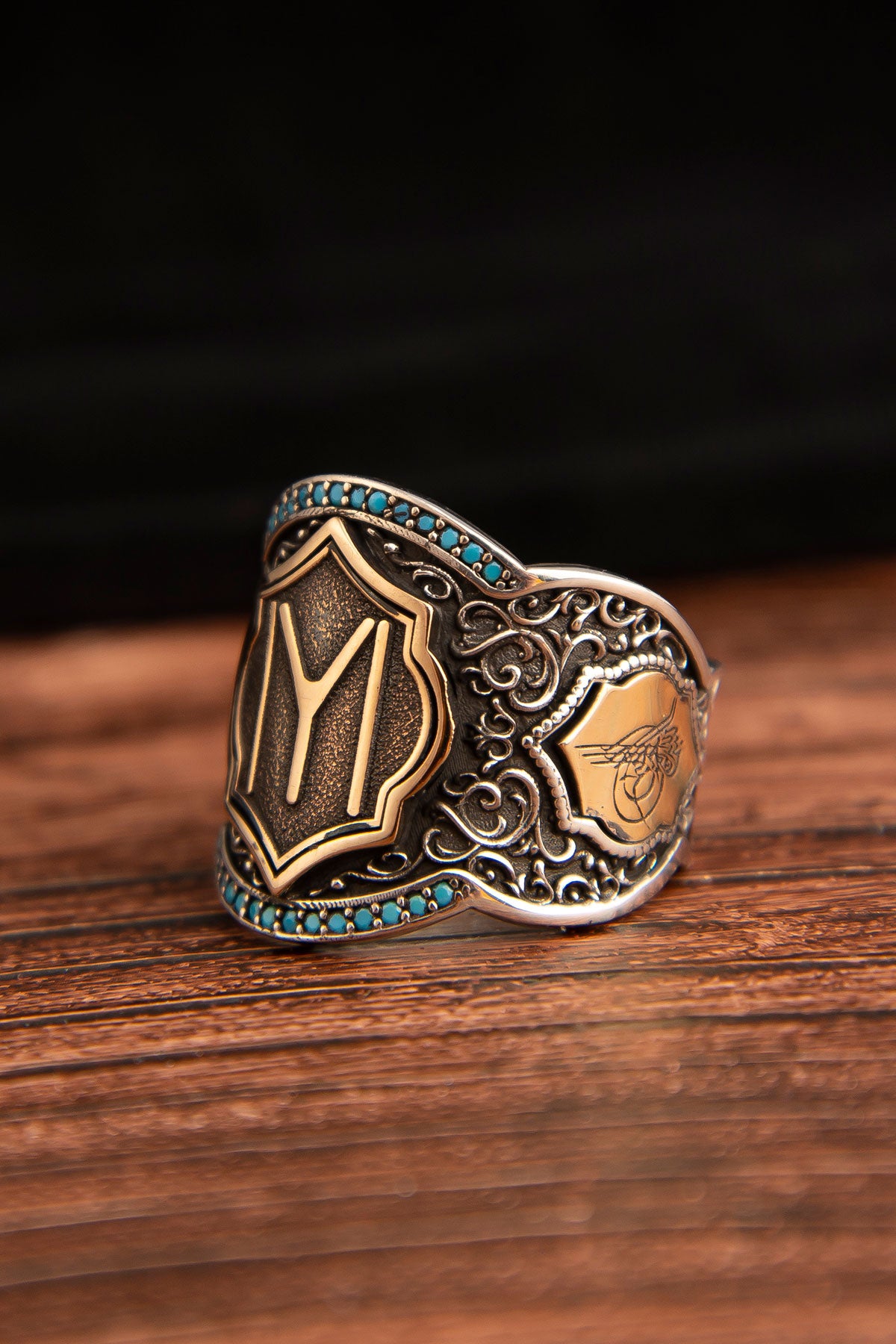 Ve Tesbih Kayı Zihgir Modeled Turquoise Stone Silver Men's Ring 1