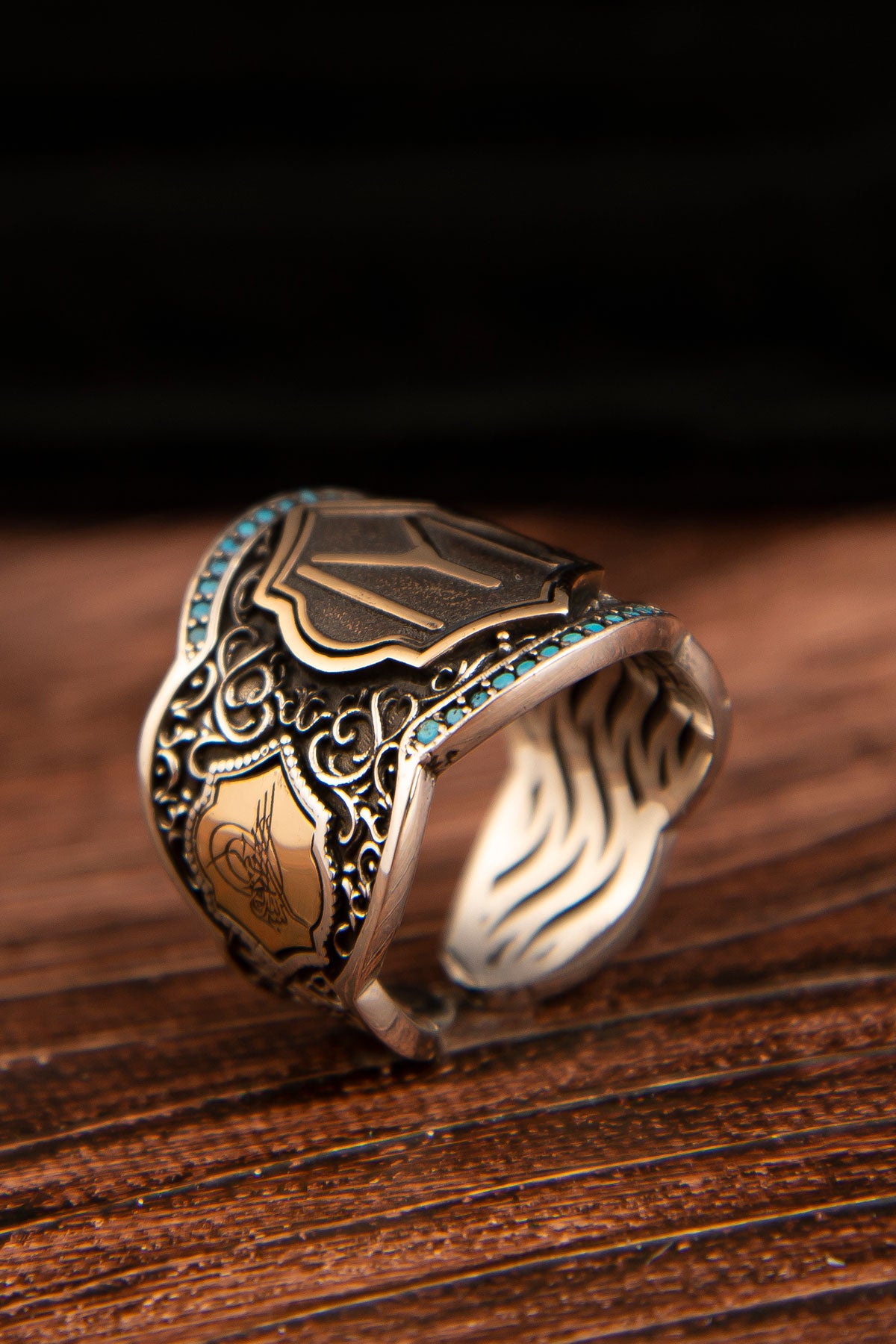 Ve Tesbih Kayı Zihgir Modeled Turquoise Stone Silver Men's Ring 2