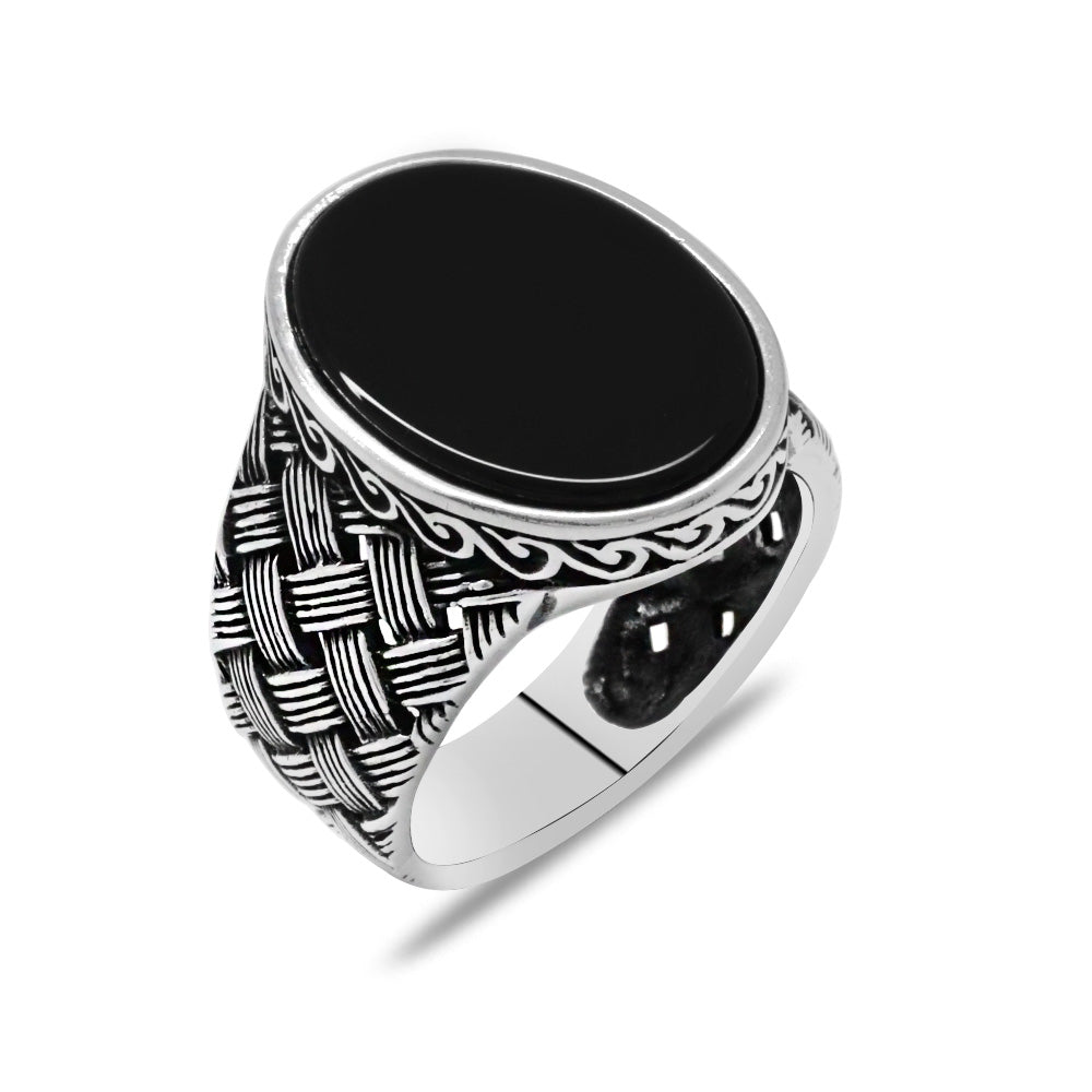 Kazaziye 925 Sterling Silver Men's Ring with Black Onyx Stone