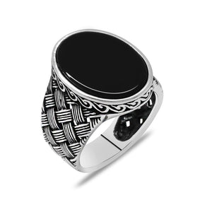 Kazaziye 925 Sterling Silver Men's Ring with Black Onyx Stone