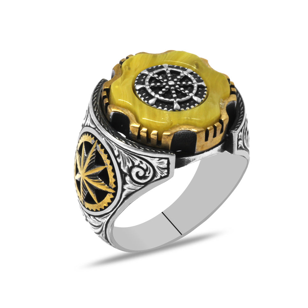 Amber Stone Compass Detailed Silver Men Ring
