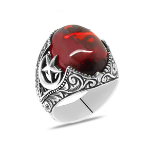 925 Sterling Silver Men's Ring with Red Agate Stone and Star and Crescent Detail