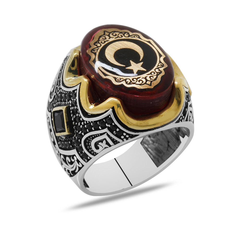 Silver Men Ring with Star and Crescent Theme on Red Amber