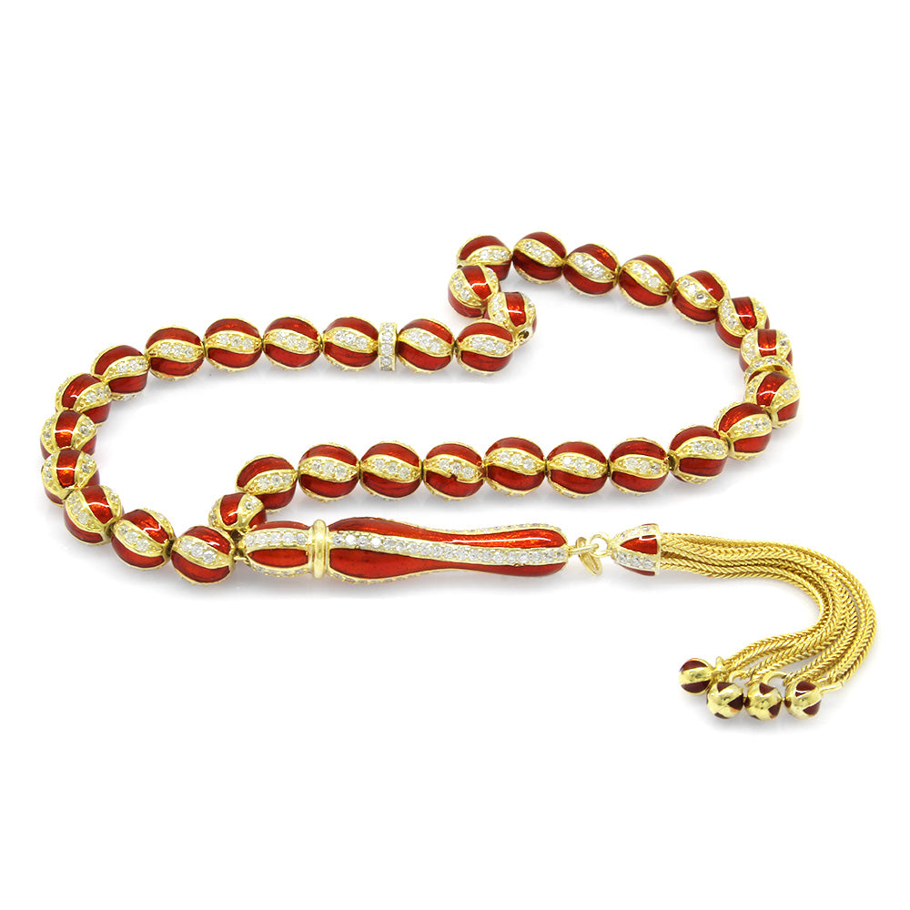 Gold Silver Prayer Beads with Red Enameled Zircon Stones