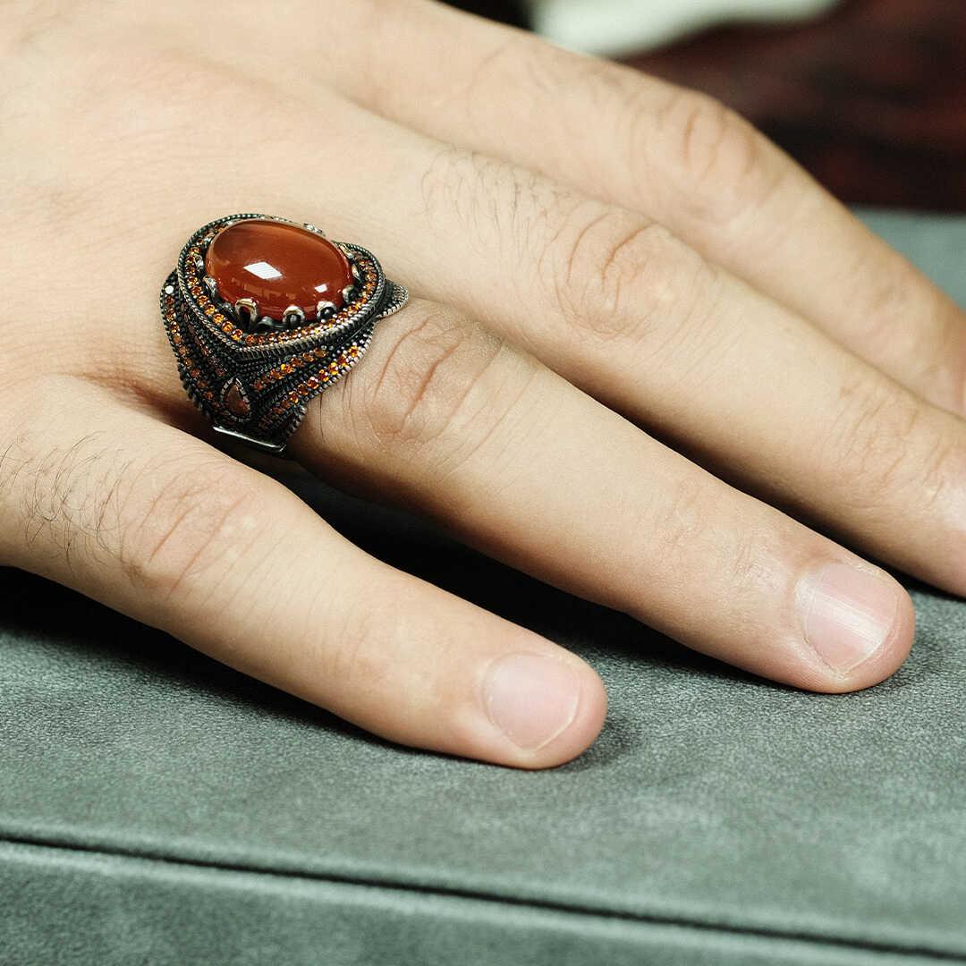 Ve Tesbih Silver Men Ring with Red Model Agate Stone 1