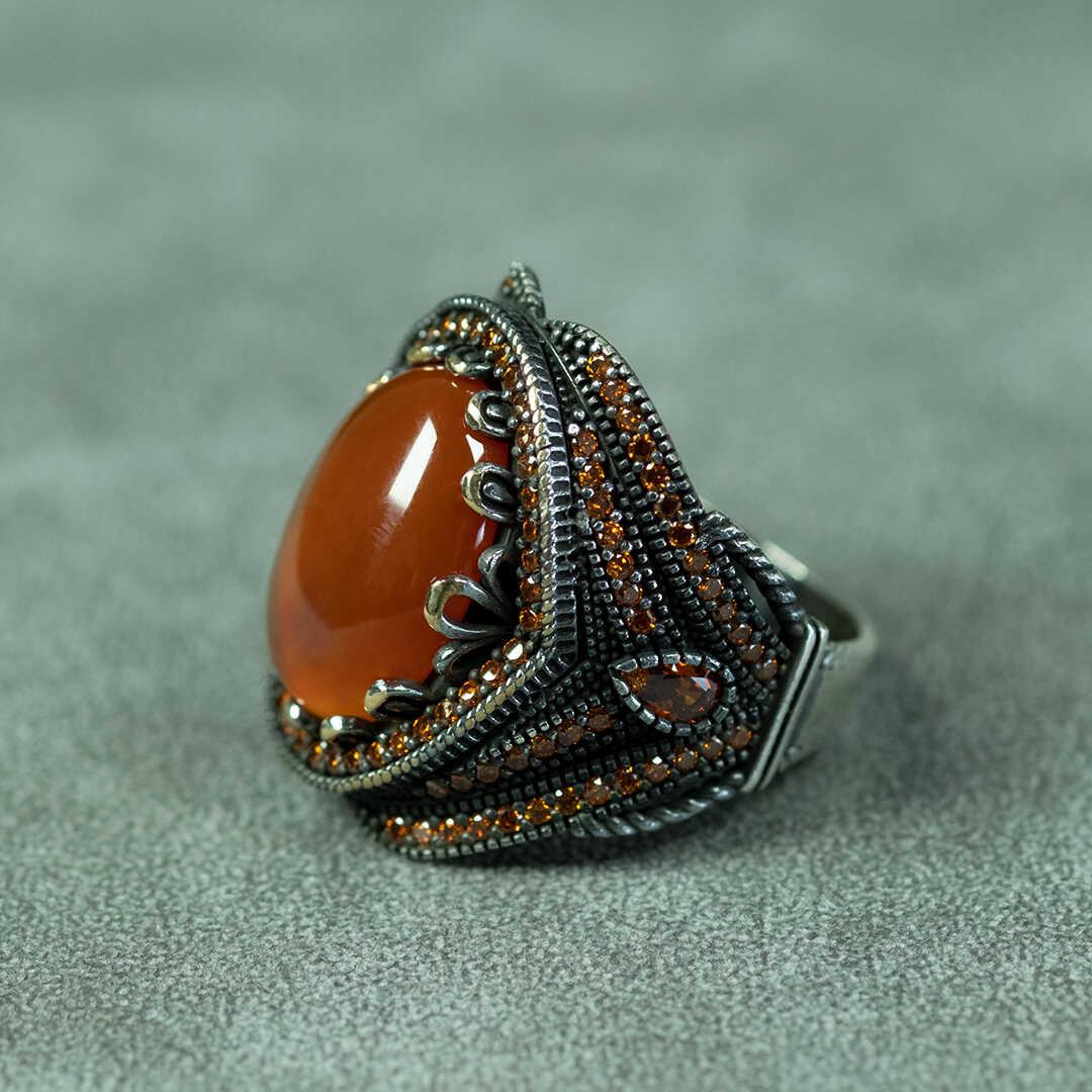 Ve Tesbih Silver Men Ring with Red Model Agate Stone 2