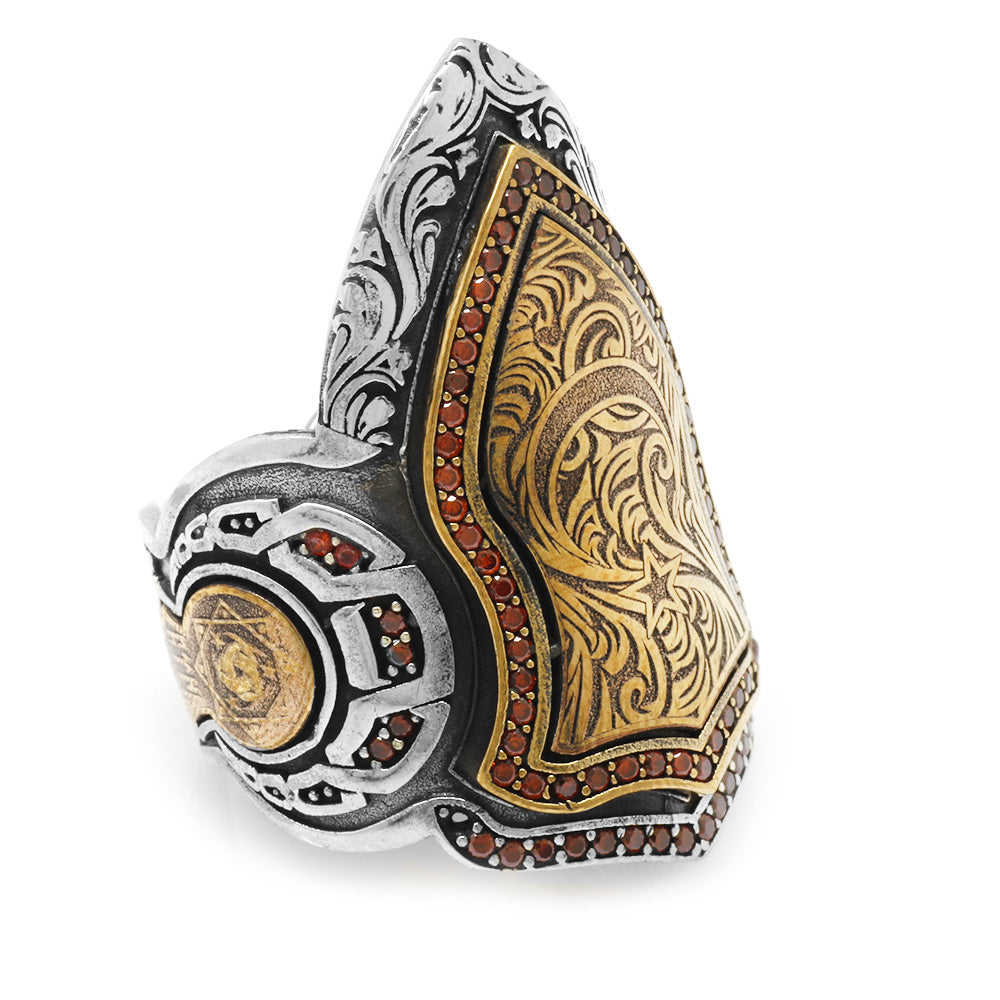 Red Zircon Stone Set Choreography Patterned Silver Men Ring