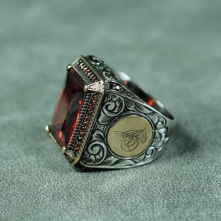 925 Sterling Silver Men's Ring with Red Zircon Stone 2