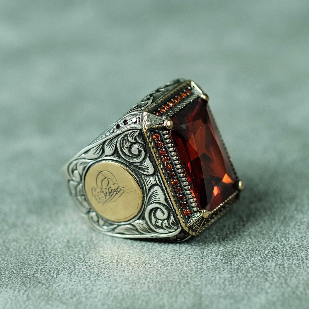925 Sterling Silver Men's Ring with Red Zircon Stone 3