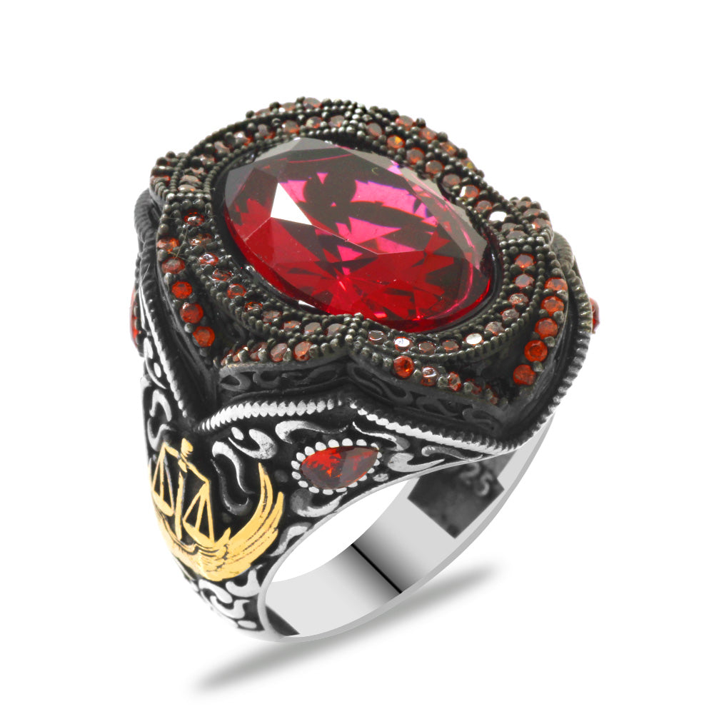Silver Men's Ring with Red Zircon Stone
