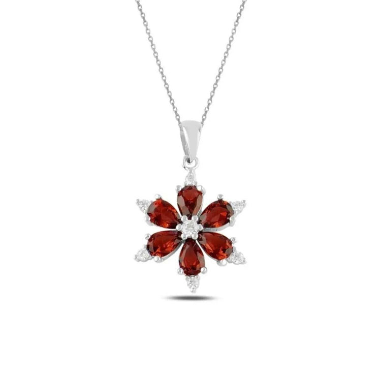 Ve Tesbih Lotus Flower Silver Necklace with Red Zircon Stone