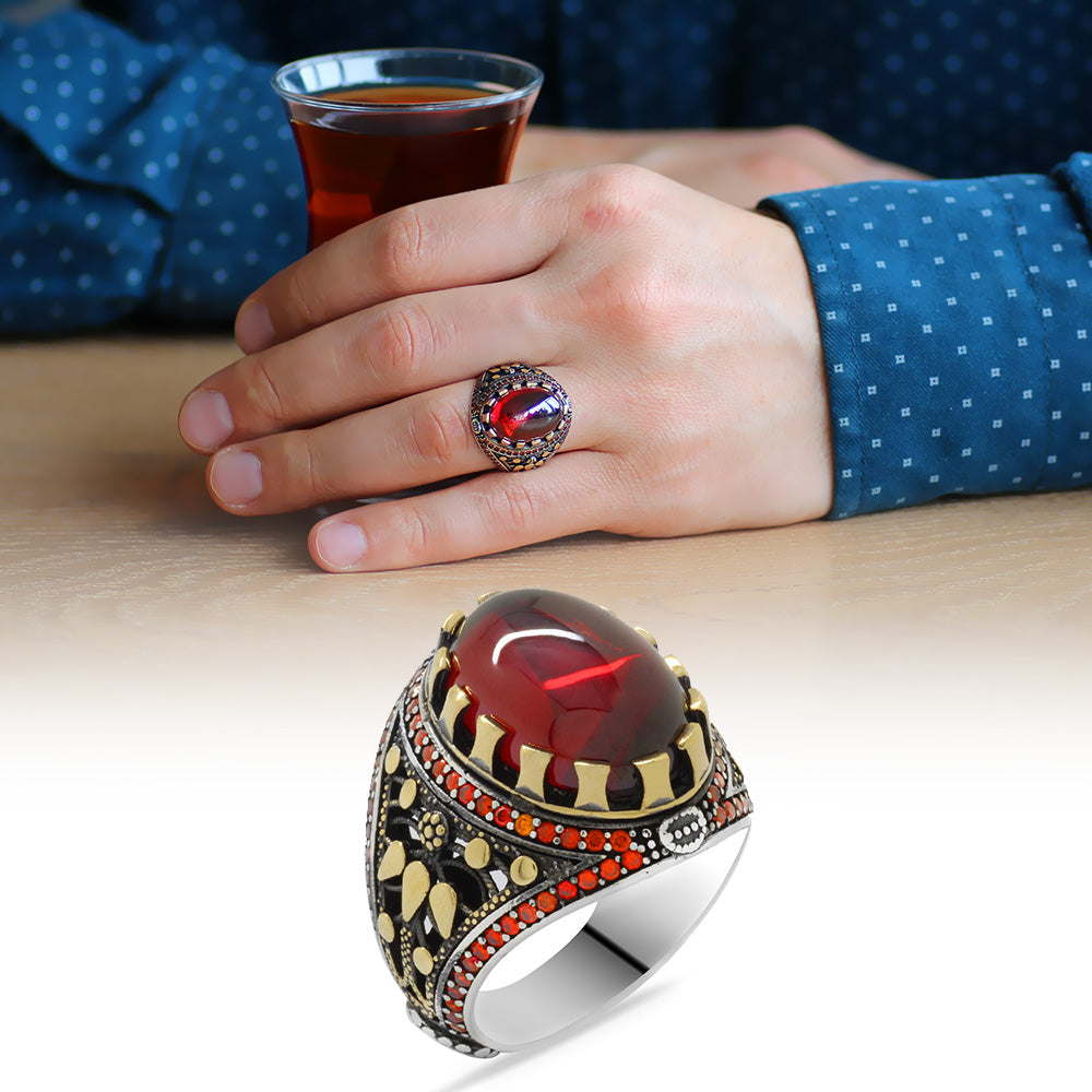 Oval 925 Sterling Silver Men's Ring with Red Zircon Stone