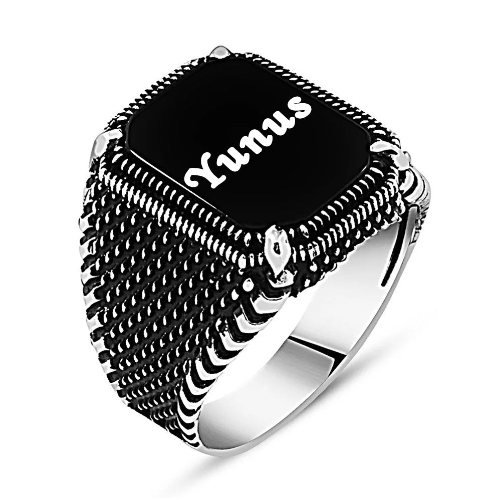 Personalized Name Embroidered 925 Sterling Silver Men Ring