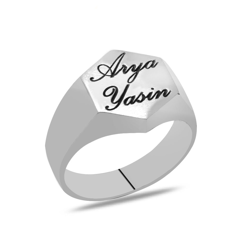 Hexagonal Design 925 Sterling Silver Men's Ring with Personalized Name/Letters Written