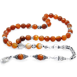 Collectible 925 Sterling Silver Faceted Sphere Cut Red Agate Natural Stone Prayer Beads with Tassels