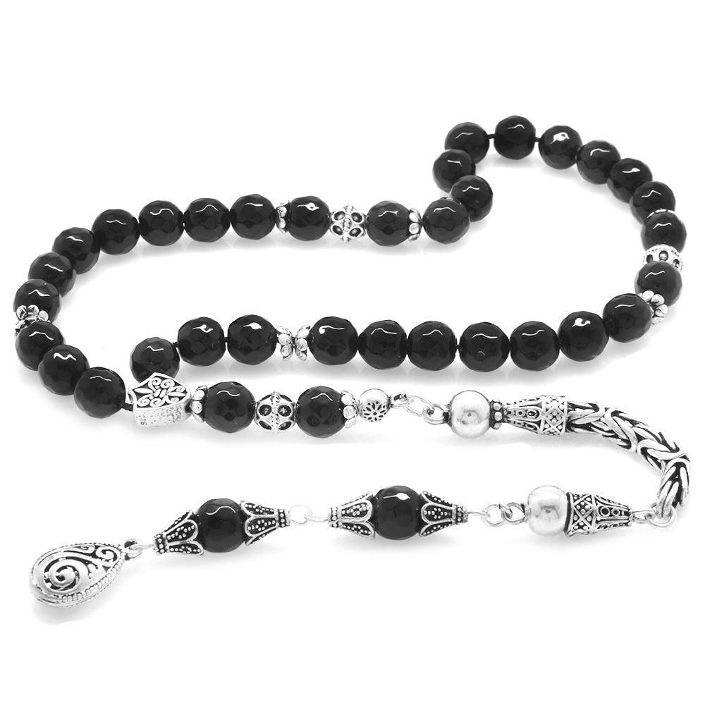 Collectible 925 Sterling Silver Faceted Sphere Cut Onyx Natural Stone Prayer Beads with Tassels