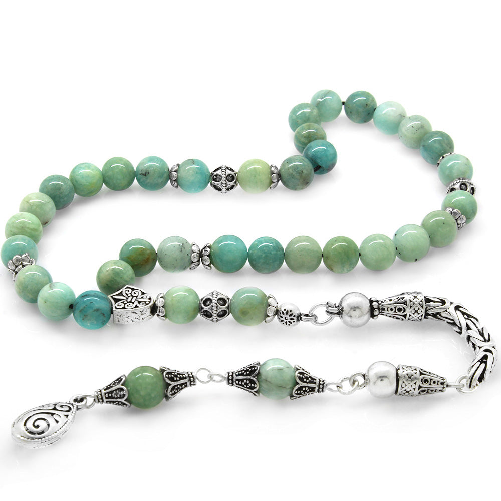 Collectible 925 Sterling Silver Tasseled Sphere Cut Amazonite Natural Stone Prayer Beads