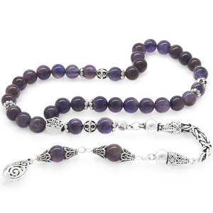 Collectible 925 Sterling Silver Tasseled Sphere Cut Amethyst Natural Stone Prayer Beads