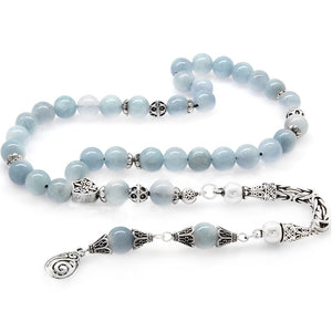Collectible 925 Sterling Silver Tasseled Sphere Cut Aquamarine Natural Stone Prayer Beads